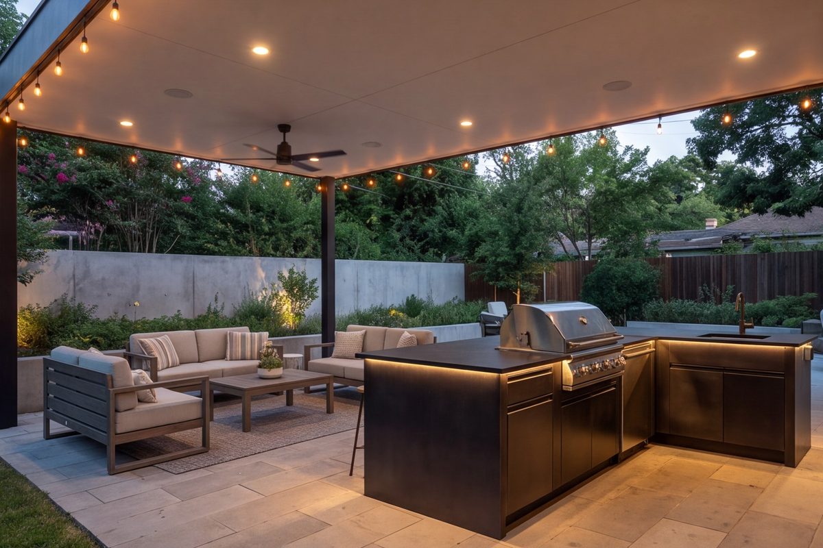 Covered patio with outdoor kitchen in Dallas